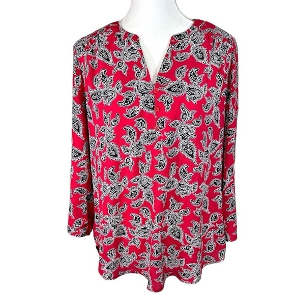 Faded Glory Tops - 🌸Faded Glory- Red Paisley V Neck Tunic- Adj. Sleeve- Size 12-14 Large